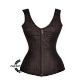 Brown Brocade Shoulder Strap Gothic With Front Antique Zipper Overbust Corset